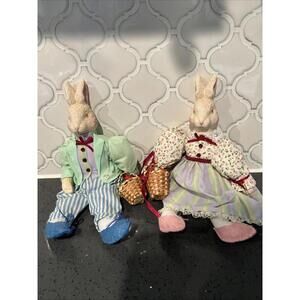 Vintage Bunny Pair Ceramic Heads Hands Shelf Sitters Crazed Cottage Core Easter
